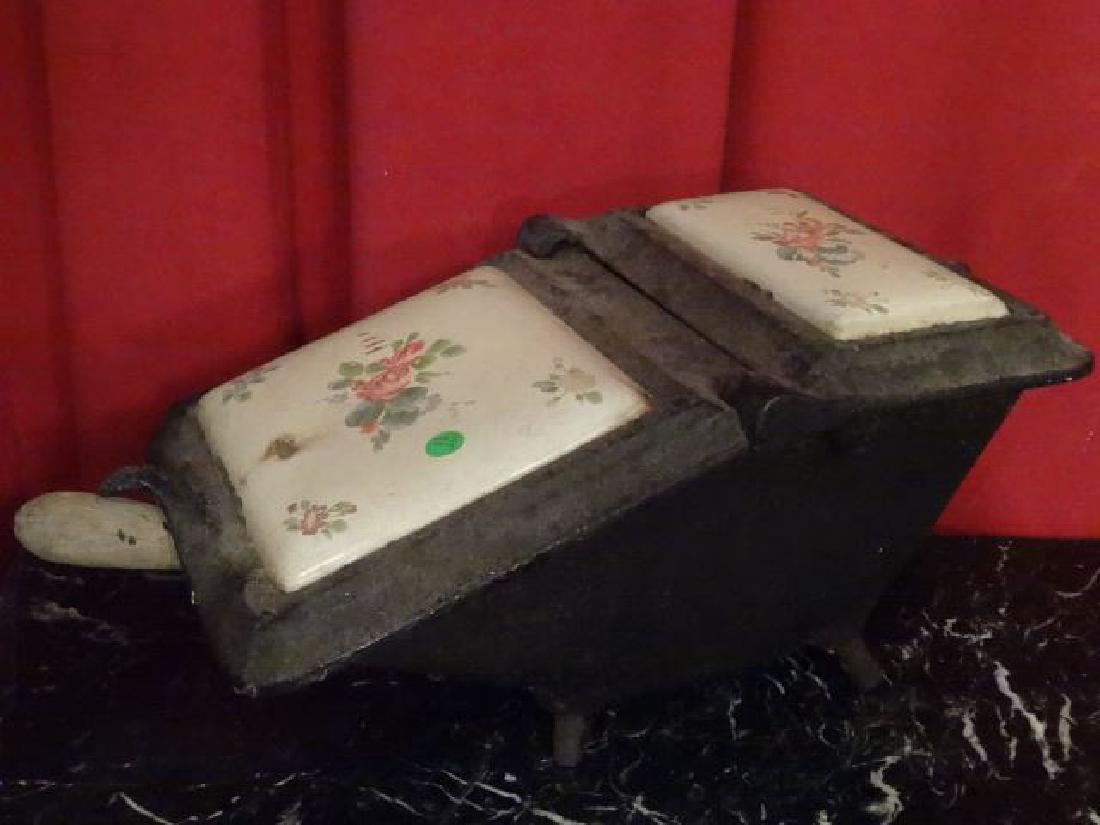 ANTIQUE IRON AND CERAMIC COAL SCUTTLE WITH SCOOP, (1 of 5)
