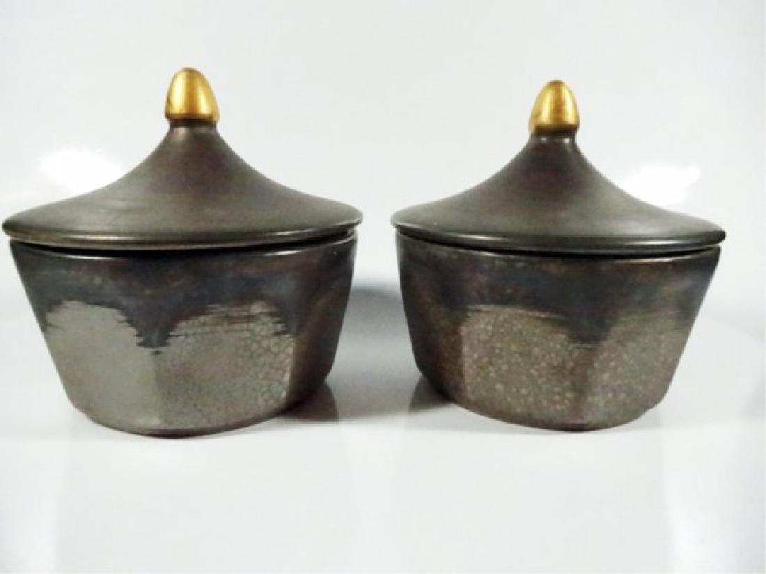PAIR COVERED POTTERY JARS, BY BACOVA, APPROX 5.25"H X (1 of 4)