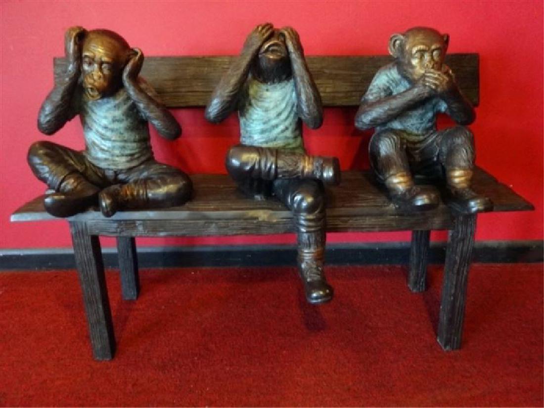 LARGE BRONZE SCULPTURE, 3 MONKEYS ON BENCH, SEE, HEAR, (1 of 5)