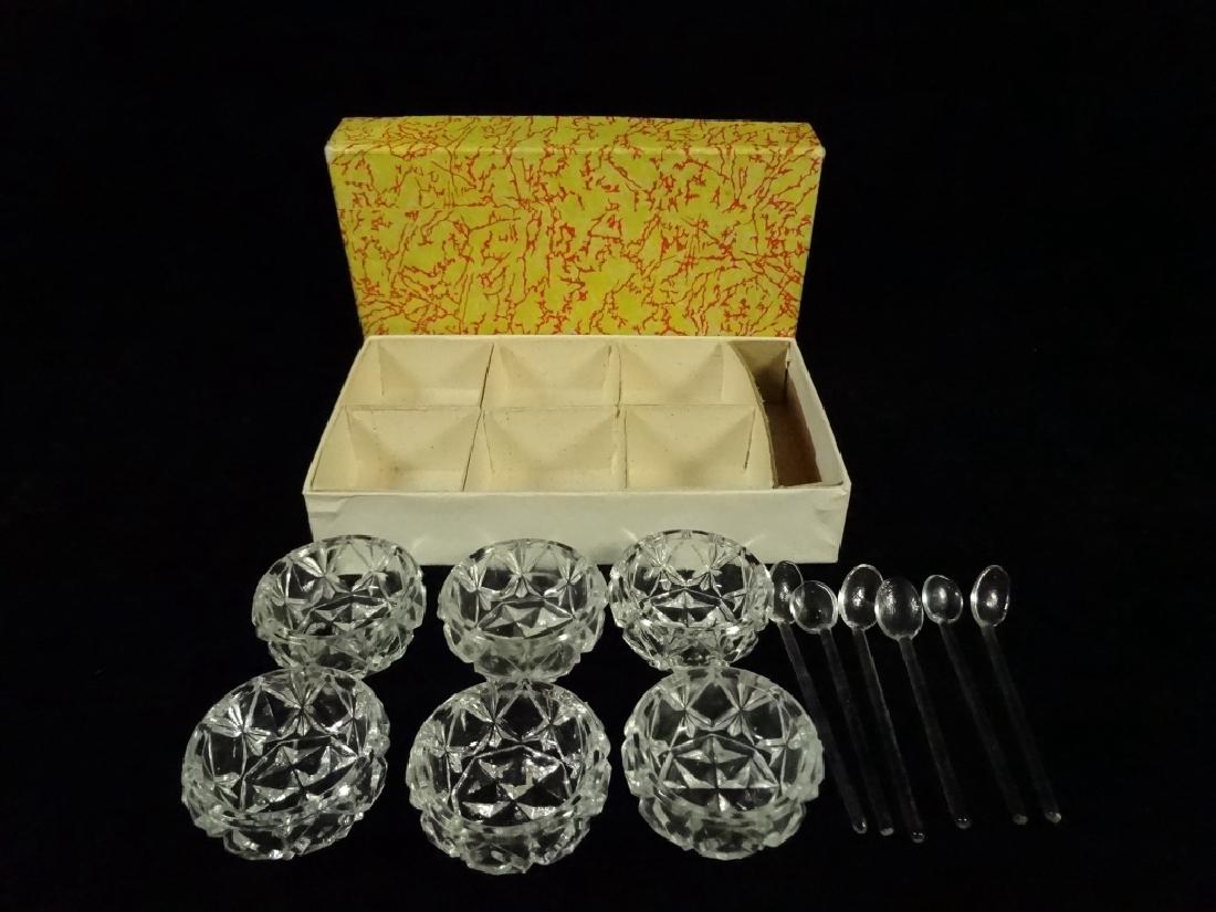 6 PC CZECH CRYSTAL SALT CELLARS WITH 6 SPOONS &: 6 PC CZECH CRYSTAL SALT CELLARS WITH 6 SPOONS & ORIGINAL BOX, APPROX 1 5/8" DIAMETER, SKU189.06