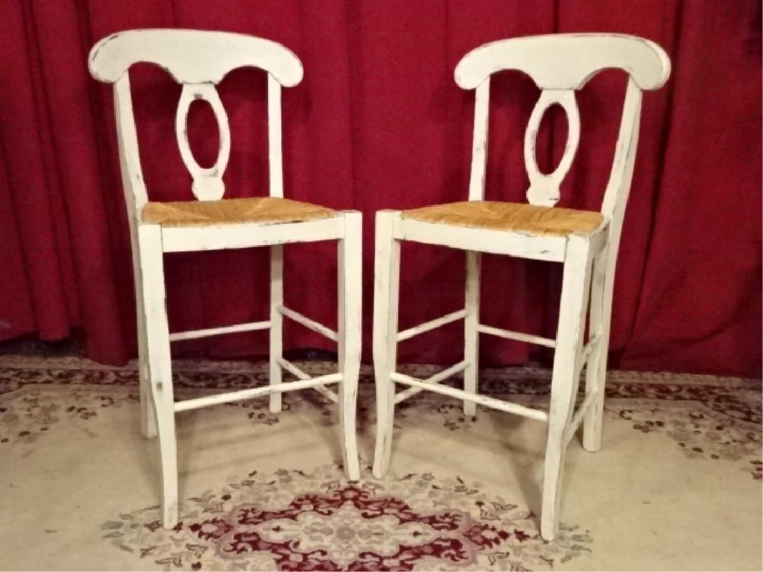 PAIR WHITE FINISH WOOD BARSTOOLS, COUNTER HEIGHT, RUSH (1 of 7)