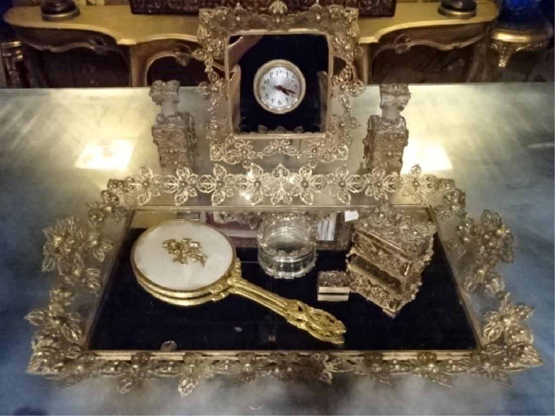 8 PC MID CENTURY VANITY SET, GILT METAL, INCLUDES TRAY, (1 of 8)