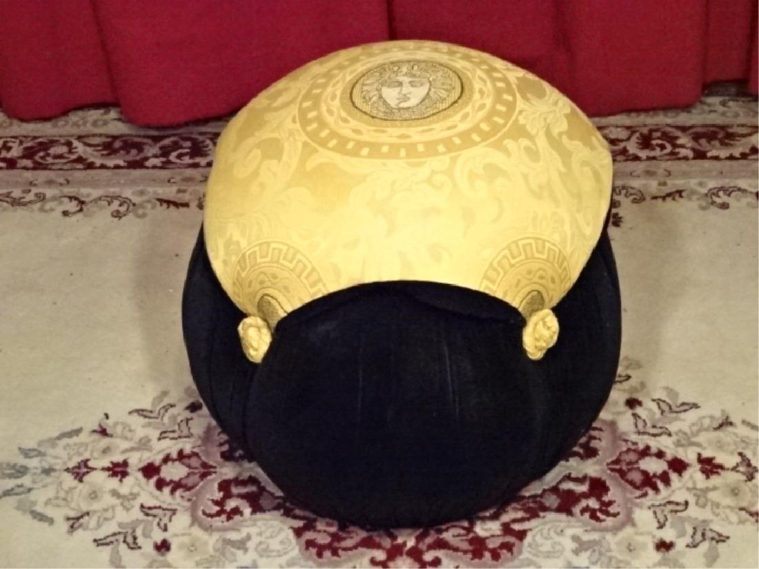 GIANNI VERSACE MEDUSA POUF, GOLD AND BLACK UPHOLSTERY,: GIANNI VERSACE MEDUSA POUF, GOLD AND BLACK UPHOLSTERY, VERY GOOD GENTLY USED VINTAGE CONDITION, APPROX 18"H X 17"W X 17"D, SKU205.104
