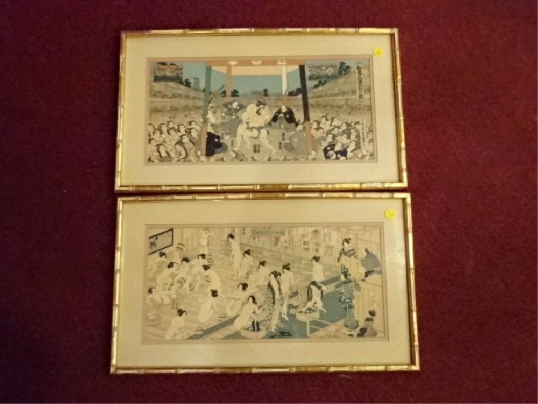 2 JAPANESE PRINTS, SUMO WRESTLERS AND GROUP OF LADIES, (1 of 7)