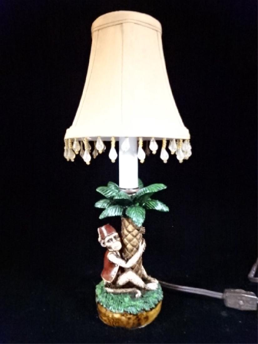 SMALL MONKEY AND PALM LAMP, BEADED FRINGE SHADE, (1 of 3)