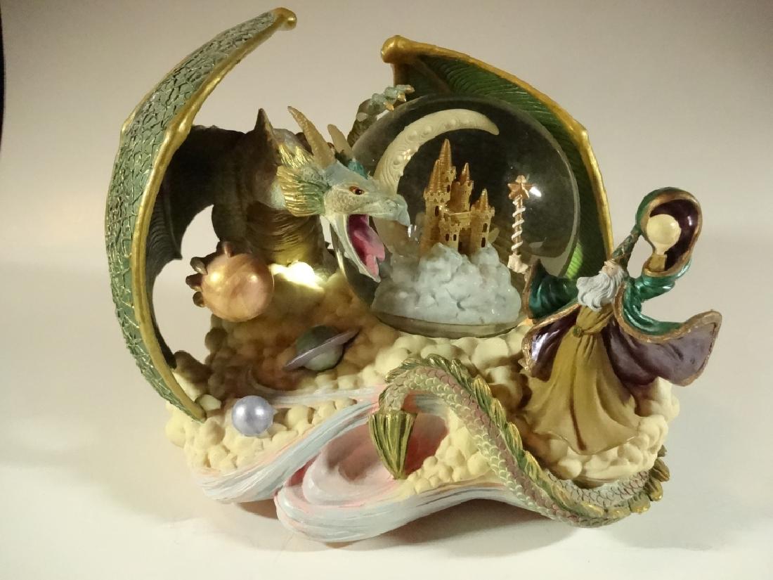 GREEN DRAGON AND WIZARD SNOW GLOBE, PAINTED: GREEN DRAGON AND WIZARD SNOW GLOBE, PAINTED COMPOSITION, APPPROX 7" X 7", SKU199