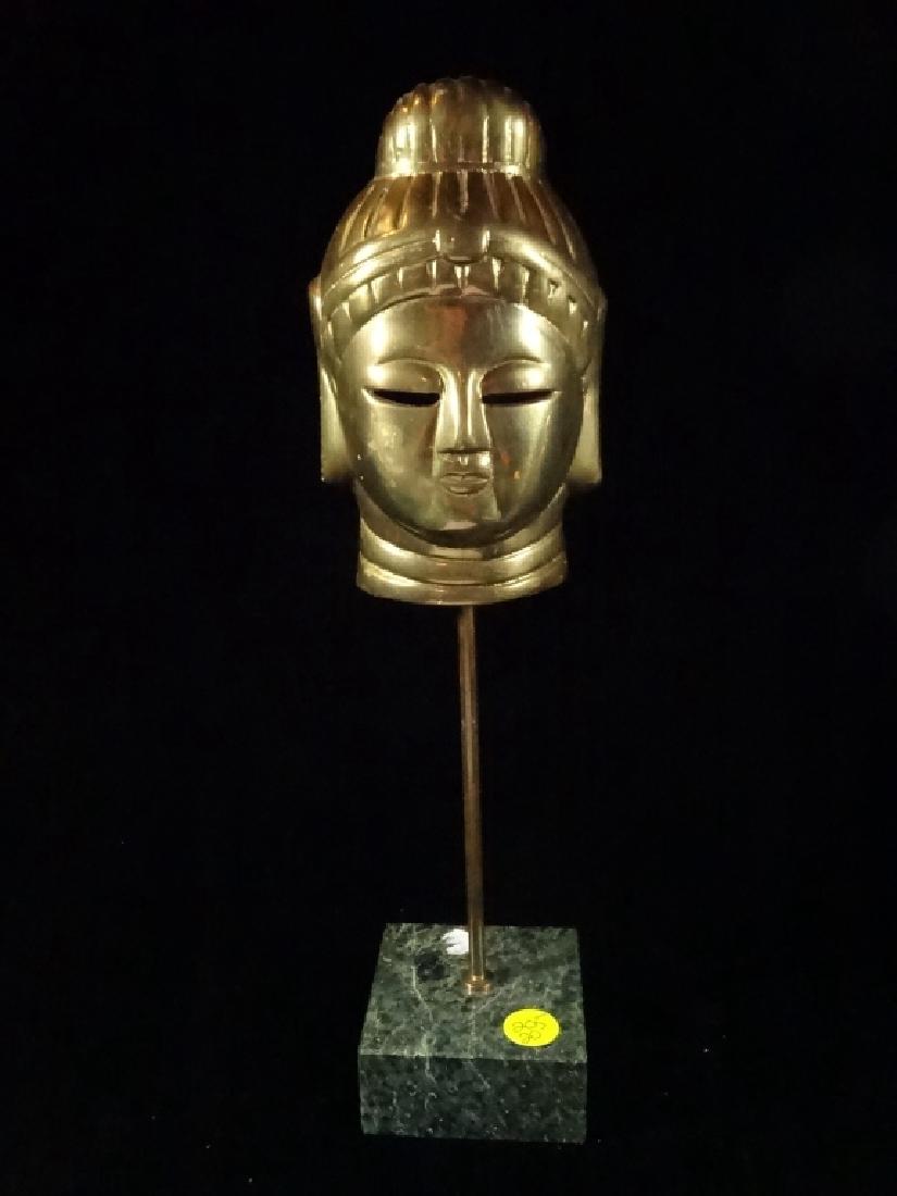 BRASS BUDDHA HEAD SCULPTURE, GREEN MARBLE BASE, 14"H X (1 of 7)