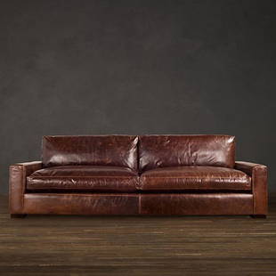 RESTORATION HARDWARE MAXWELL SOFA IN DISTRESSED ITALIAN: RESTORATION HARDWARE MAXWELL SOFA IN DISTRESSED ITALIAN BROMPTON COCOA BROWN LEATHER, DOWN FILLED CUSHIONS, VERY GOOD GENTLY USED CONDITION, 96"L X 46"D X 29"H