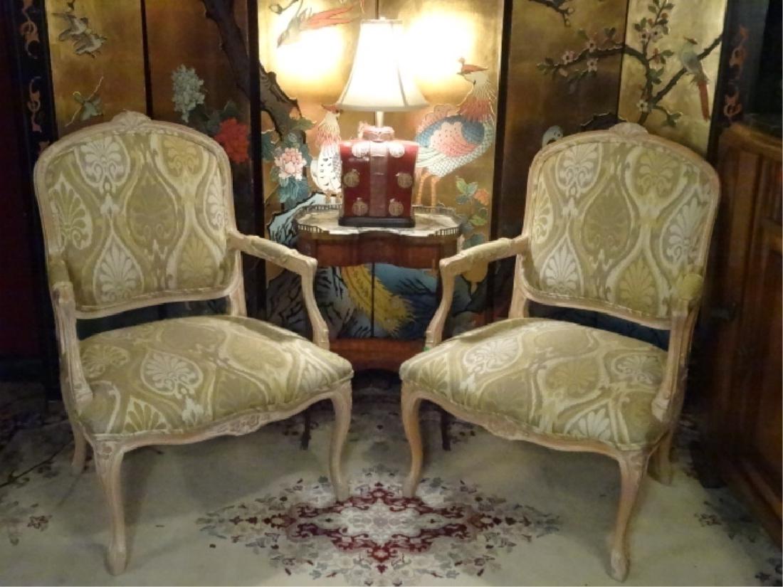 PAIR LOUIS XV STYLE OPEN ARM CHAIRS, LIGHT FINISH WOOD (1 of 9)