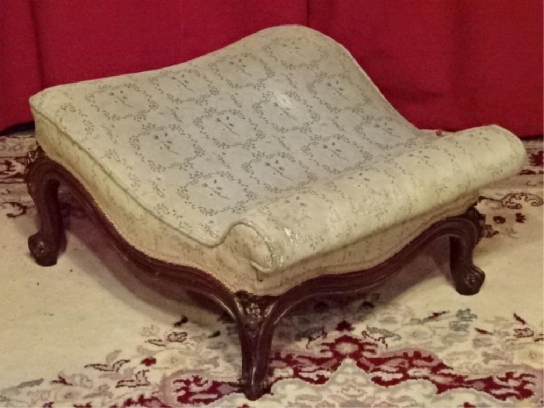 ANTIQUE GOUT STOOL, CARVED WOOD BASE, UPHOLSTERED (1 of 4)
