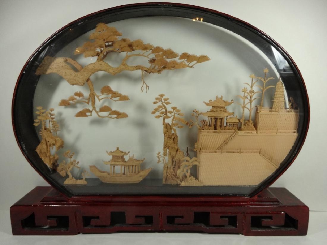 LARGE CHINESE CARVED CORK DIORAMA, APPROX 14 3/4" X 19: LARGE CHINESE CARVED CORK DIORAMA, APPROX 14 3/4" X 19 5/8" X 3"