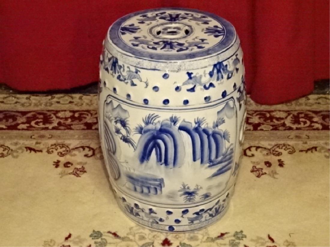 CHINESE PORCELAIN GARDEN STOOL, BLUE AND WHITE, PAINTED: CHINESE PORCELAIN GARDEN STOOL, BLUE AND WHITE, PAINTED FLORALS AND LANDSCAPES, VERY GOOD CONDITION, 18"H X 13"D, SKU205.139