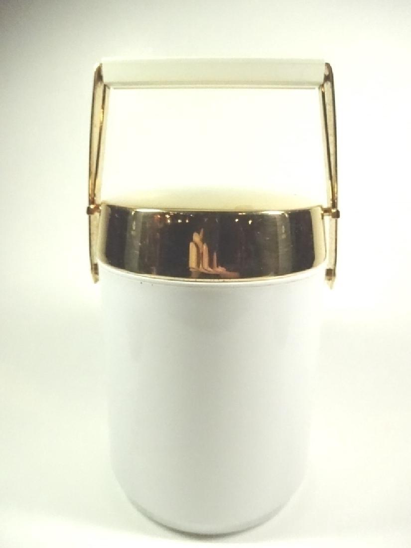 VINTAGE ICE BUCKET, WHITE WITH GOLD TONE HANDLE, APPROX: VINTAGE ICE BUCKET, WHITE WITH GOLD TONE HANDLE, APPROX 9.75"H, MINOR PITTING TO GOLD FINISH, SMALL DENT