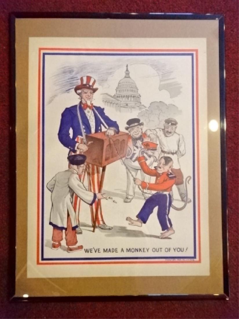 WW II POSTER BY J.H. KING CIRCA 1943, "WE'VE MADE A: WW II POSTER BY J.H. KING CIRCA 1943, "WE'VE MADE A MONKEY OUT OF YOU" PROPAGANDA POSTER DEPICTING UNCLE SAM WITH HITLER AS AN ORGAN GRINDER MONKEY, WITH JOHN BULL FROM ENGLAND, STALIN FROM RUSSIA, AN
