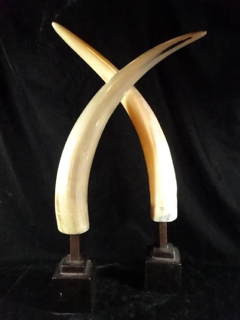 PAIR LARGE FAUX HORNS ON STANDS, APPROX 23.5" & 22"H, (1 of 5)