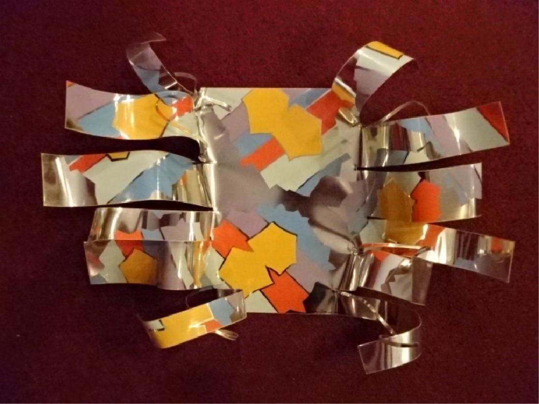 DOROTHY GILLESPIE METAL RIBBON SCULPTURE, ENAMEL ON: DOROTHY GILLESPIE METAL RIBBON SCULPTURE, ENAMEL ON ALUMINUM, "ROYAL MONARCH" SERIES, SIGNED DOROTHY GILLESPIE AND DATED 1983, APPROX 30" X 12" X 6", SKU219