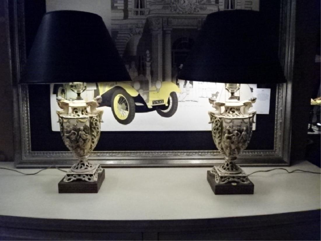PAIR VINTAGE ITALIAN CAPODIMONTE LAMPS, BLACK SHADES, (1 of 10)