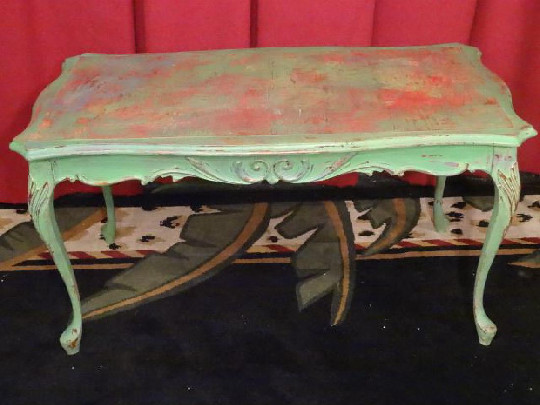 WOOD COFFEE TABLE, DISTRESSED PALE GREEN FINISH, NEW (1 of 5)