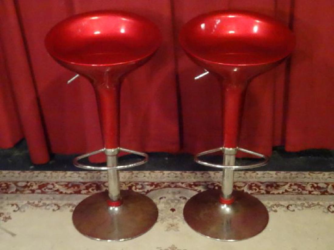 2 MODERN HYDRAULIC BARSTOOLS, RED MOULDED TOP, CHROME (1 of 8)