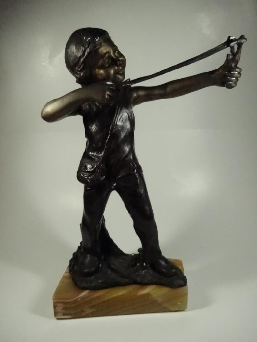 METAL SCULPTURE, BOY WITH SLINGSHOT, ON RECLAIMED ONYX (1 of 7)