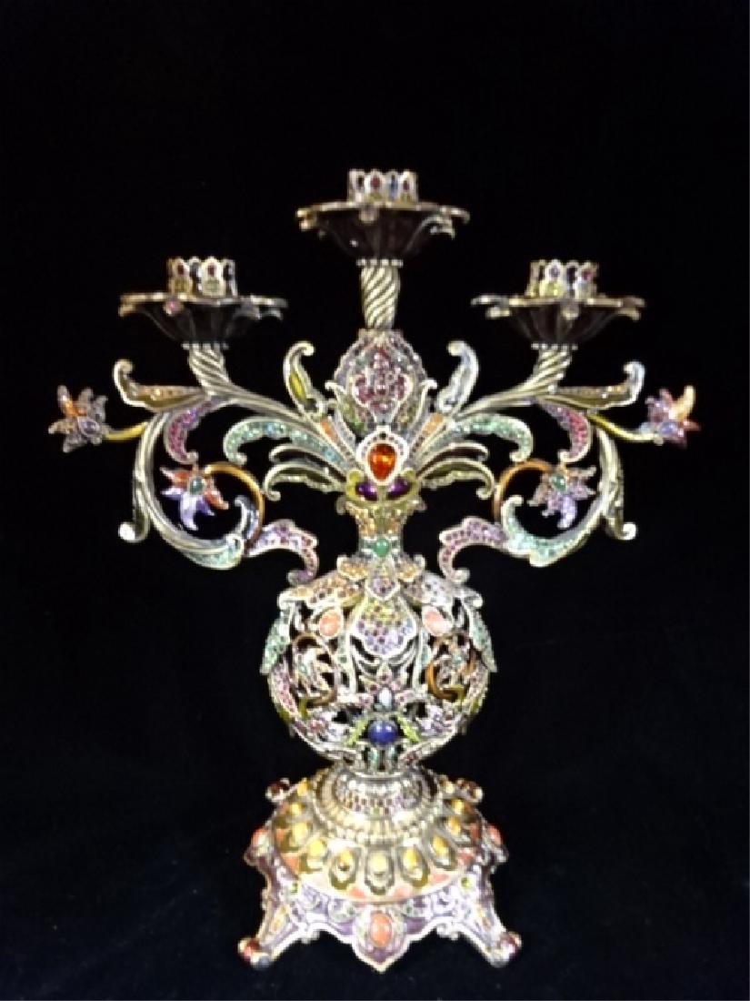JAY STRONGWATER "MARILLA" CANDELABRA, ENCRUSTED WITH: JAY STRONGWATER "MARILLA" CANDELABRA, ENCRUSTED WITH CRYSTALS, VERY GOOD CONDITION, APPROX 14.5"H X 12.5"W X 5.5"D, SKU228.01