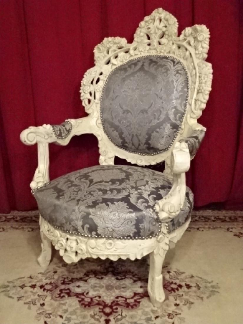 LOUIS XIV STYLE OPEN ARM CHAIR, WHITE FINISH CARVED (1 of 8)