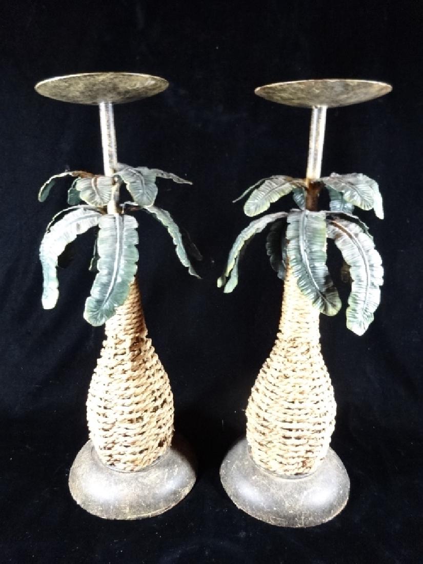 PAIR PALM TREE CANDLE HOLDERS, METAL AND RATTAN, 18"H X (1 of 3)