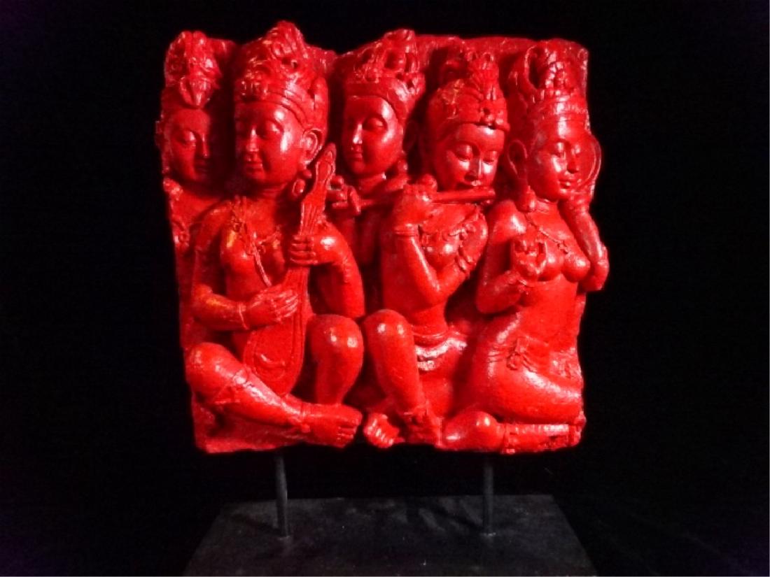 ASIAN STYLE BAS RELIEF SCULPTURE, MUSICIANS, RED FINISH (1 of 6)