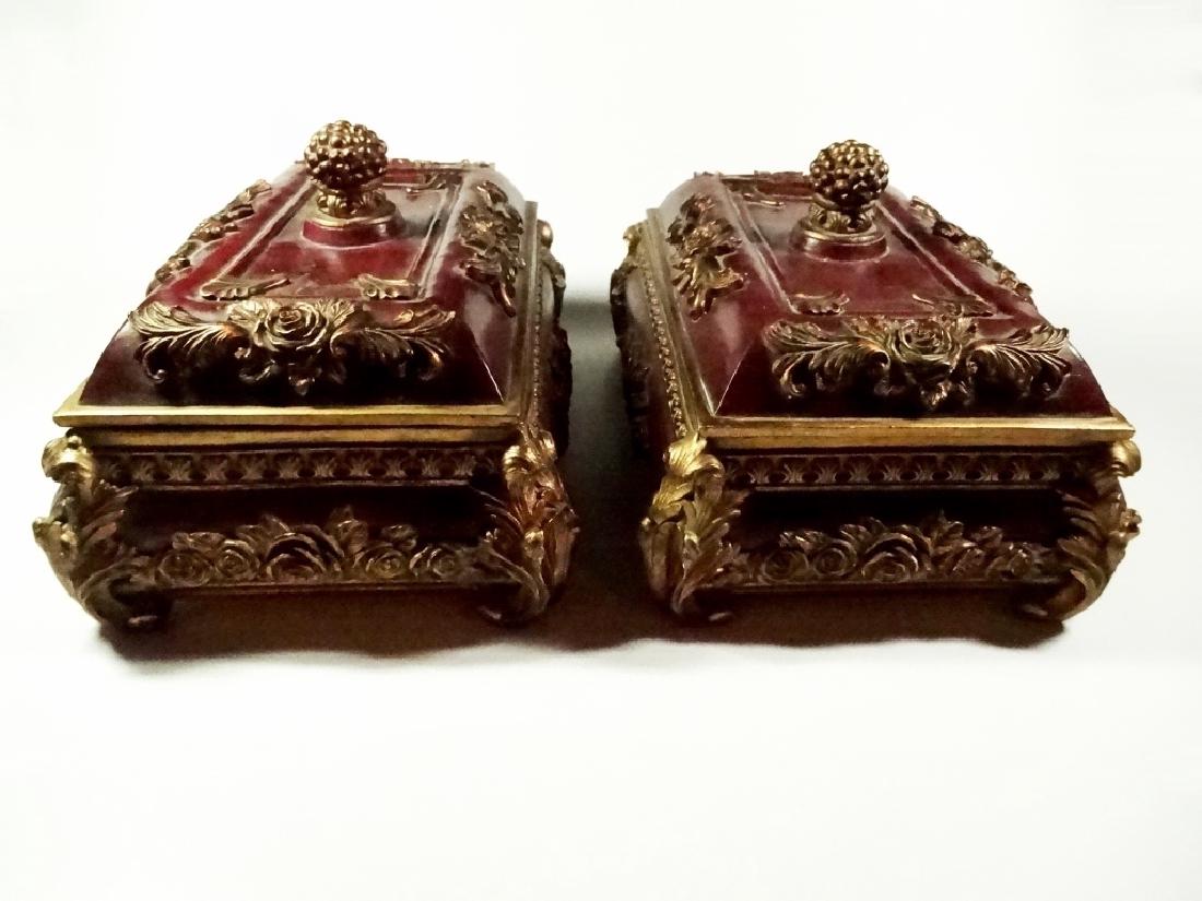 2 PC DECORATIVE BOXES, RED & GOLD FINISH, RESIN, SOME: 2 PC DECORATIVE BOXES, RED & GOLD FINISH, RESIN, SOME MINOR CHIPS, APPROX 6.25"H X 10.75" X 7.25", SKU205.33