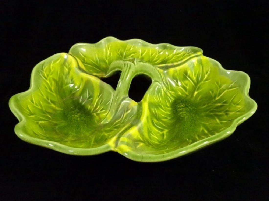 CALIFORNIA ORIGINAL POTTERY 3 PART LEAF DISH WITH: CALIFORNIA ORIGINAL POTTERY 3 PART LEAF DISH WITH CENTER HANDLE, GREEN, MID CENTURY, MARKED CAL ORIG 895, APPROX 12.25" DIAMETER, SKU190.23