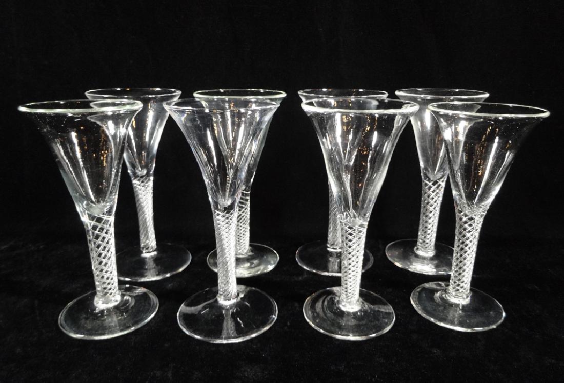 8 PC ANTIQUE GEORGIAN FLUTED WINE GLASSES, AIR TWIST: 8 PC ANTIQUE GEORGIAN FLUTED WINE GLASSES, AIR TWIST STEMS, HANDBLOWN WITH CORRESPONDING VARIATIONS, HIGH QUALITY, NO CHIPS OR CRACKS, APPROX 6.5"H