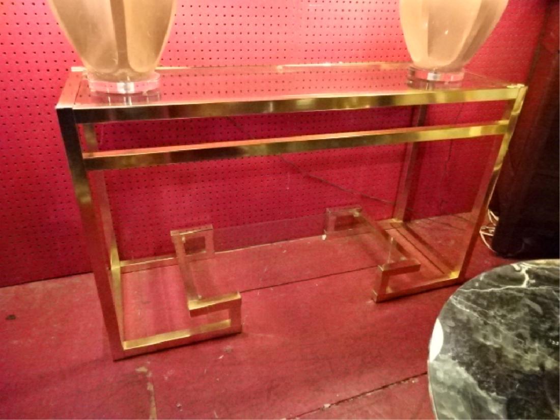 MODERN BRASS CONSOLE TABLE, GLASS TOP, GLASS UNDERITER, (1 of 2)