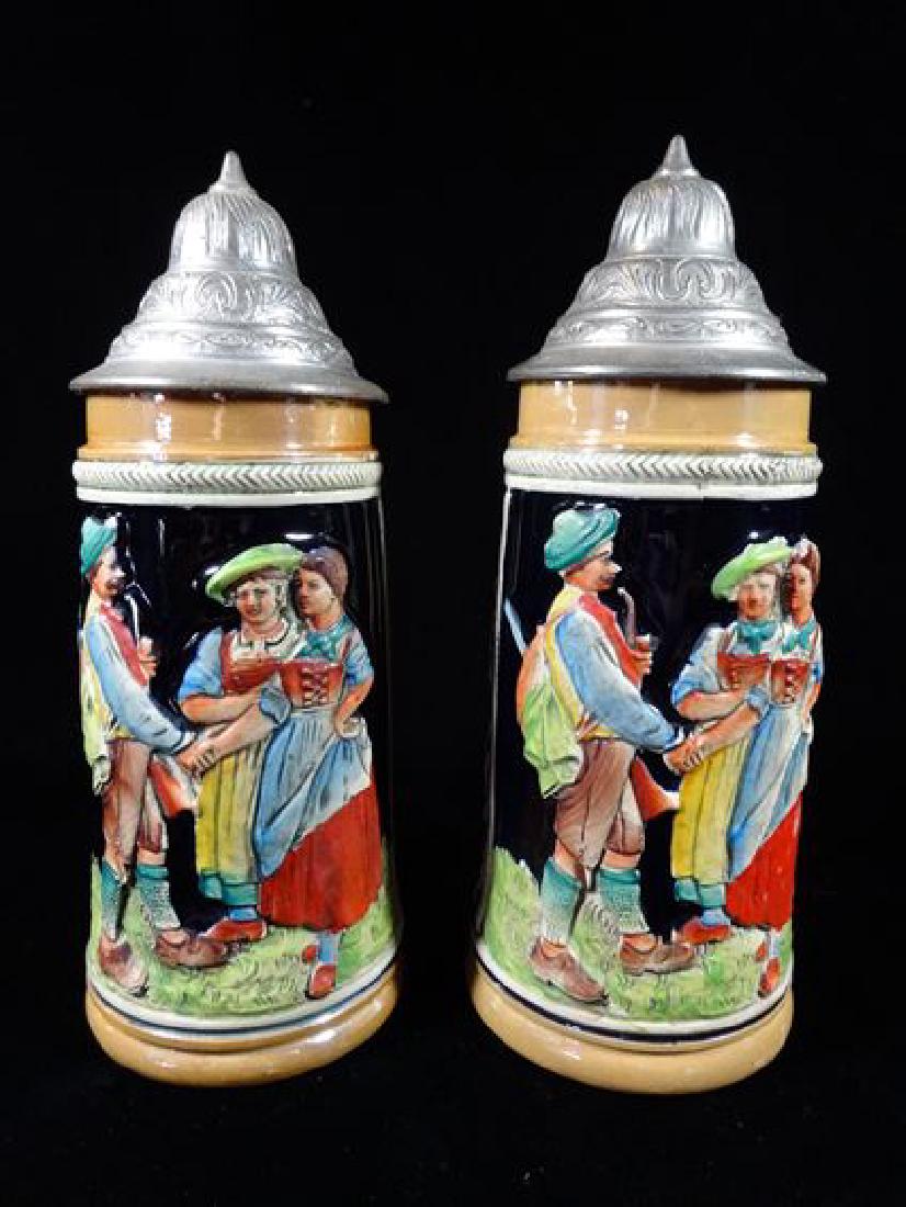 2 GERMAN CERAMIC AND METAL BEER STEINS, PAINTED FIGURAL (1 of 4)