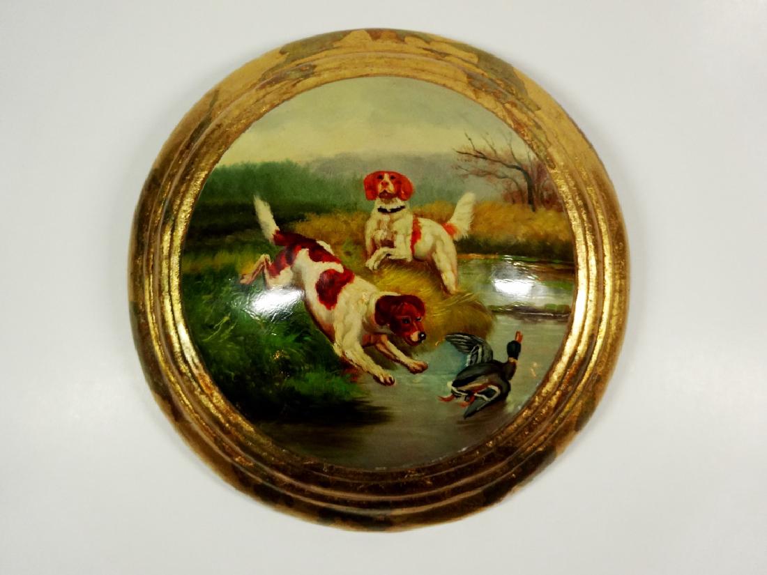 CONVEX PAINTING IN ROUND FRAME, HUNT SCENE WITH TWO (1 of 5)