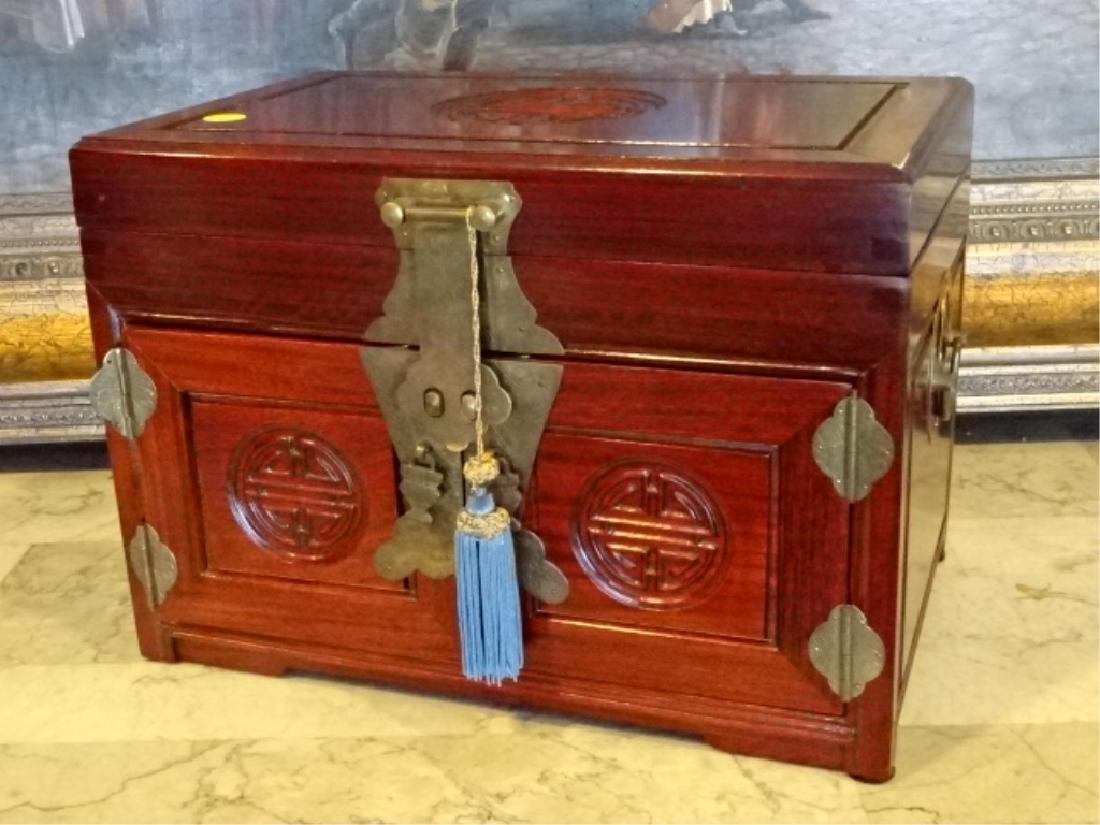 Chinese Wood Jewelry Box With Brass Accents And Lock,