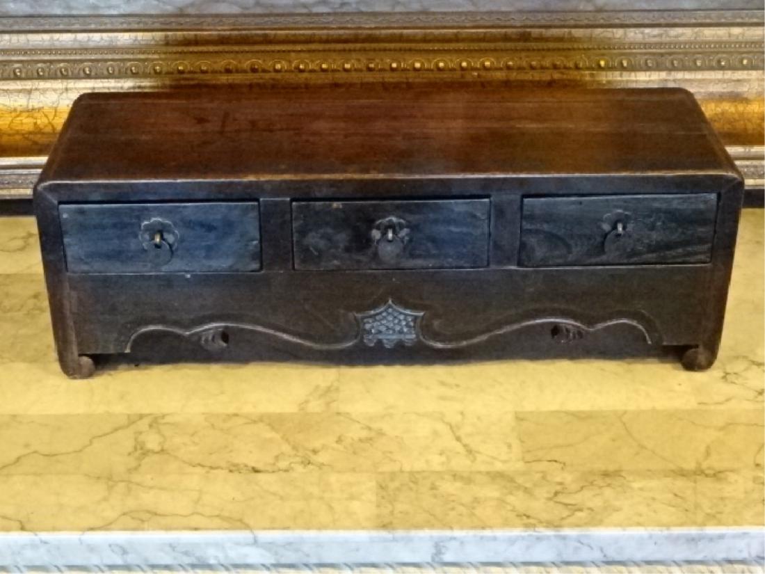 CHINESE CARVED WOOD BOX WITH 3 DRAWERS, BLACK FINISH, (1 of 5)