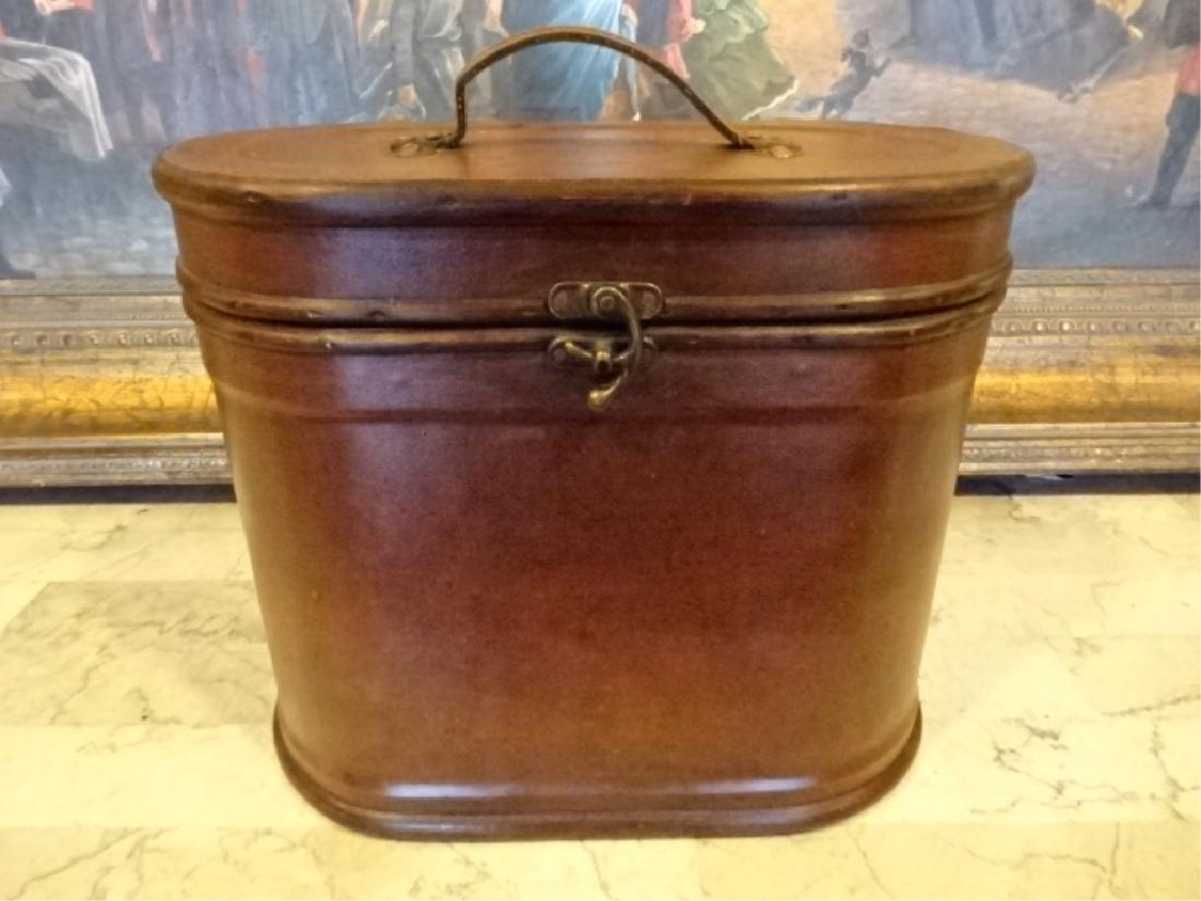 LEATHER AND WOOD WINE BOX, LEATHER HANDLE, VERY GOOD: LEATHER AND WOOD WINE BOX, LEATHER HANDLE, VERY GOOD CONDITION, 14"W X 12"H X 8"D SKU243.21