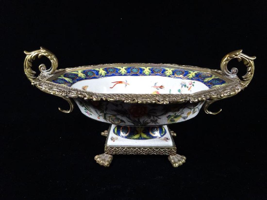 PORCELAIN AND GILT METAL FOOTED BOWL, DUAL HANDLES, (1 of 7)