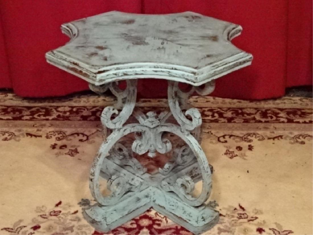 WOOD SIDE TABLE, PALE BLUE DISTRESSED FINISH, X SHAPE (1 of 3)