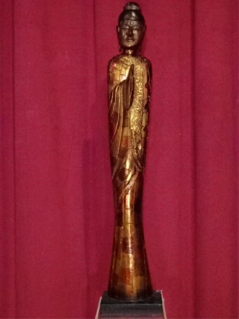 LARGE INDONESIAN CARVED WOOD BUDDHA SCULPTURE, GILT AND: LARGE INDONESIAN CARVED WOOD BUDDHA SCULPTURE, GILT AND PAINTED FINISH, VERY GOOD CONDITION, 41"H X 8"W X 5"D, SKU155