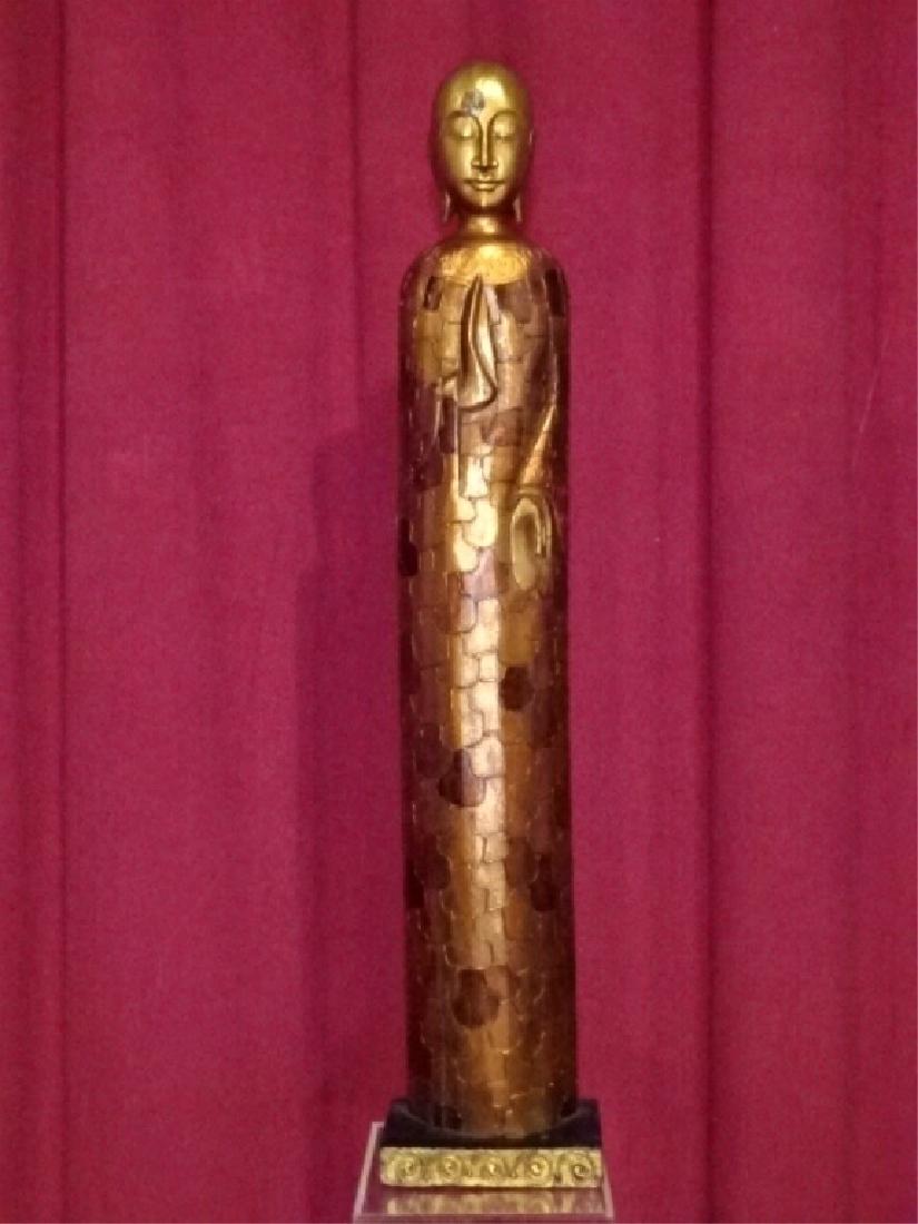 LARGE INDONESIAN CARVED WOOD BUDDHA SCULPTURE, GILT AND: LARGE INDONESIAN CARVED WOOD BUDDHA SCULPTURE, GILT AND PAINTED FINISH, VERY GOOD CONDITION, 40"H X 8"W X 5"D, SKU155