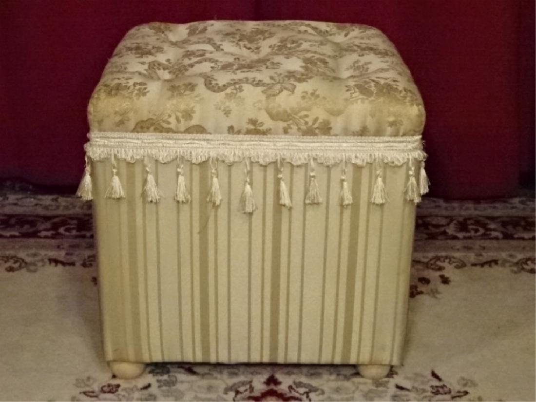 GOLD TUFTED SQUARE OTTOMAN WITH FRINGE, VERY GOOD (1 of 4)