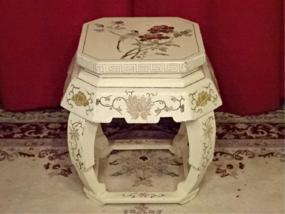 CHINOISERIE WOOD STOOL, PAINTED WHITE WITH BIRD AND: CHINOISERIE WOOD STOOL, PAINTED WHITE WITH BIRD AND FLOWERING TREES, VERY GOOD CONDITION WITH MINIMAL WEAR, 17" X 18", SKU205.11