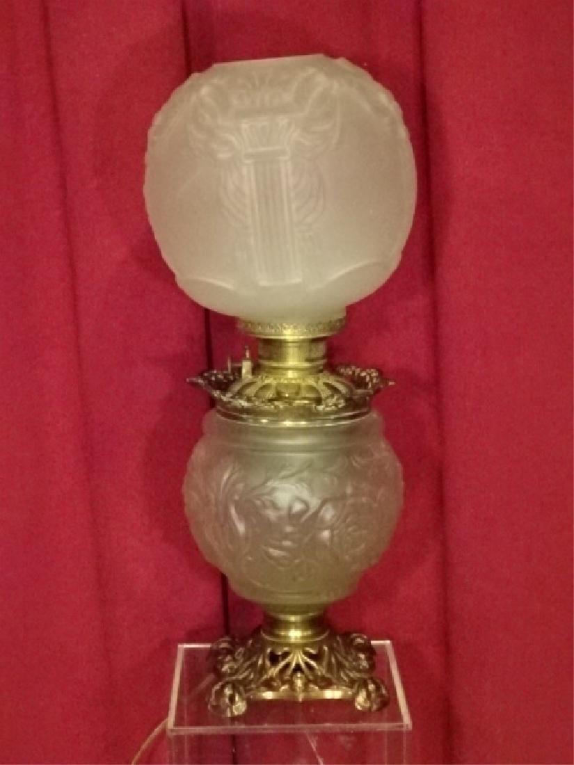 VINTAGE BRASS AND GLASS HURRICANE LAMP, FROSTED GLASS (1 of 7)