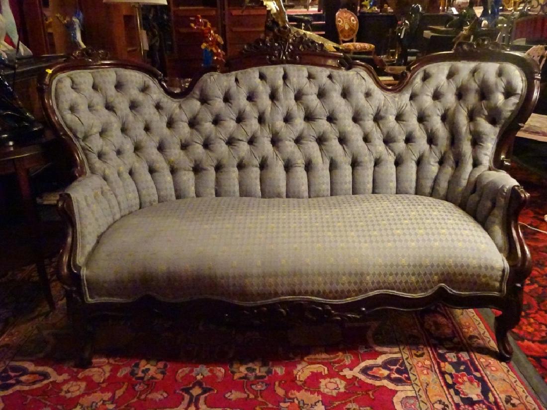 VICTORIAN SOFA, CARVED WOOD FRAME, TUFTED BACK, PALE (1 of 5)