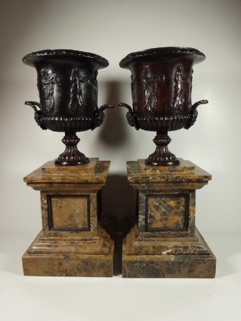 PAIR MAITLAND SMITH BRONZE URNS ON MARBLE BASES, (1 of 10)