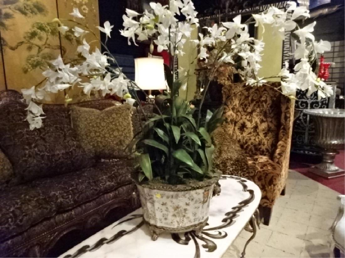 LARGE PORCELAIN AND BRASS VASE WITH SILK FLORAL (1 of 5)