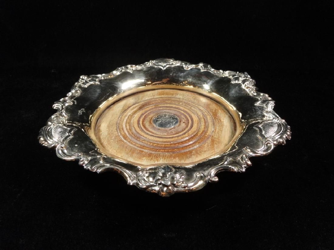 WOOD & SILVERPLATE WINE COASTER, APPROX 8 3/8" DIAMETER: WOOD & SILVERPLATE WINE COASTER, APPROX 8 3/8" DIAMETER