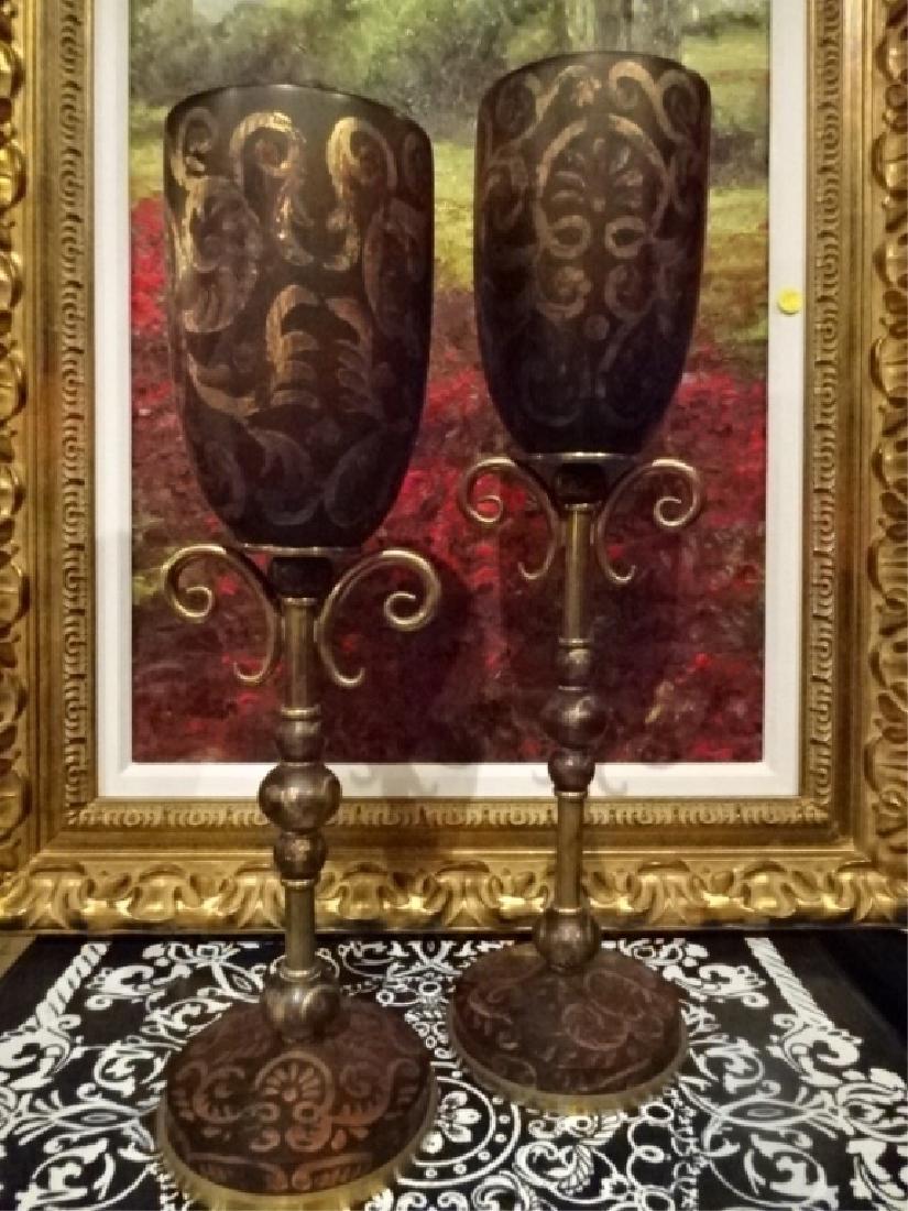 2 LARGE ORNATE CANDLE HOLDERS, GOLD AND AMBER (1 of 4)