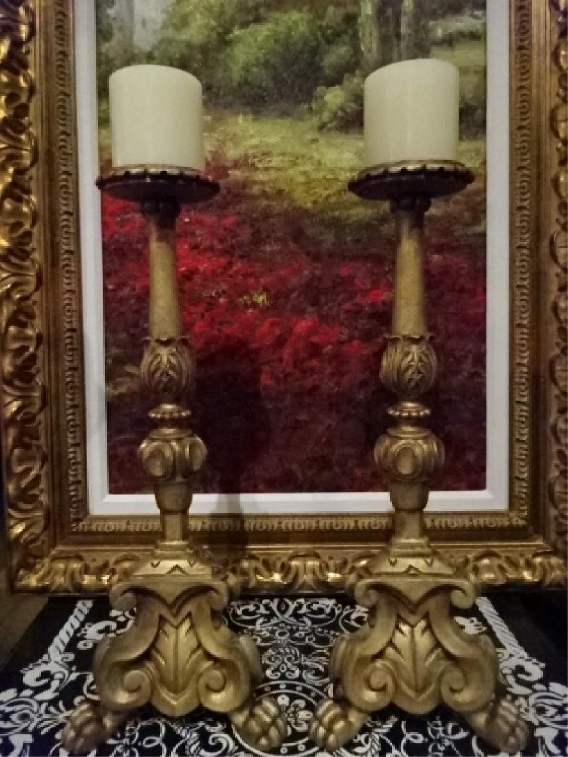 PAIR LARGE ORNATE CANDLE HOLDERS, GOLD FINISH (1 of 5)